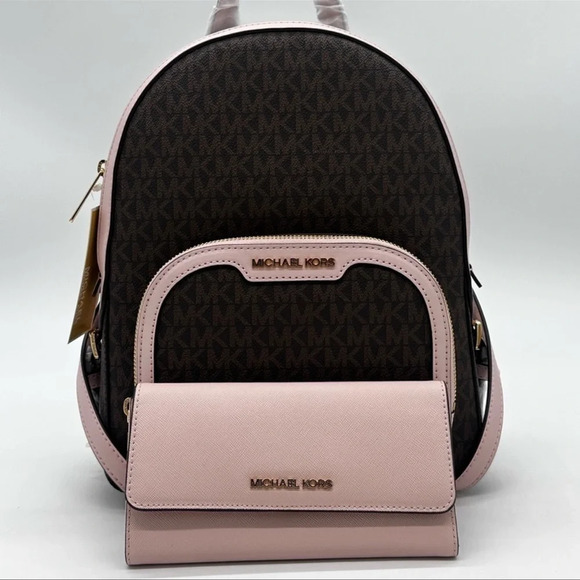 Michael Kors Medium Jaycee Zip Packet Backpack & Trifold Wallet Powder Blush - Picture 2 of 10